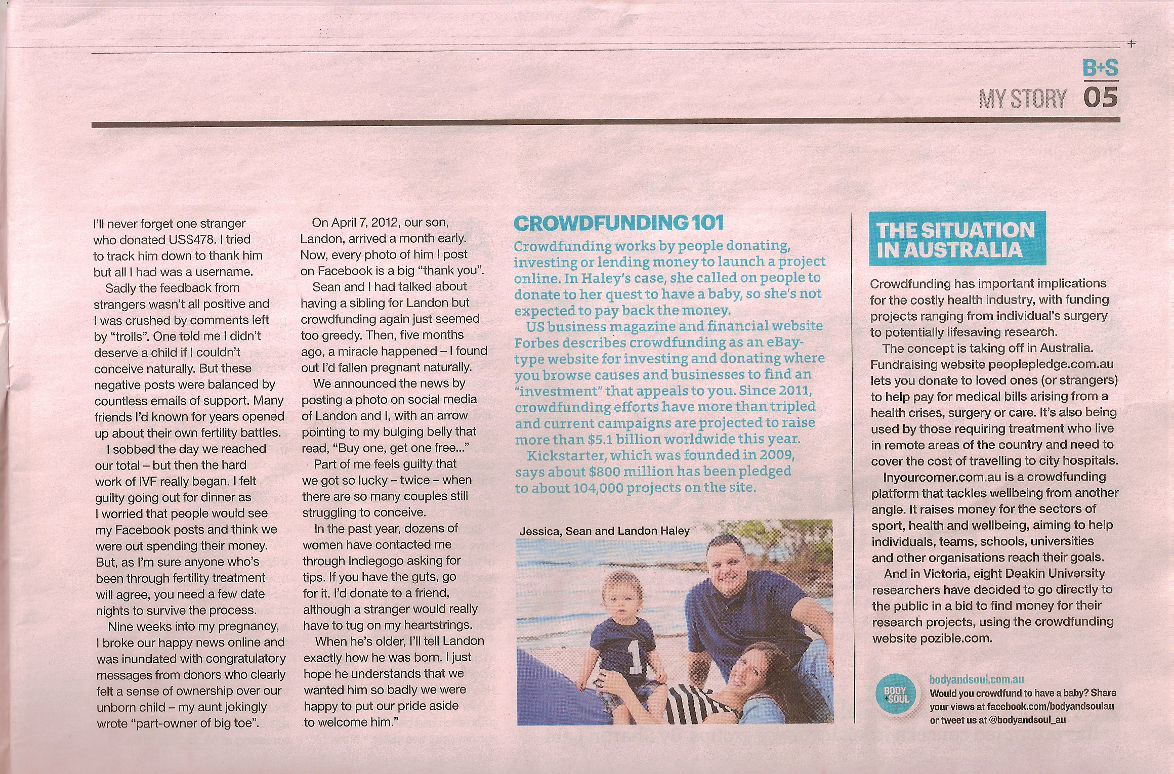 World’s First Crowdfunded IVF Baby- Article Seen in Body+Soul Australia (Sunday Telegraph)