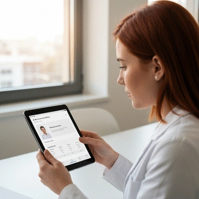 Person reviewing AI-driven health insurance policy on a tablet