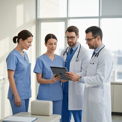 Healthcare professionals collaborating on patient care, looking at a digital tablet, modern clinic setting, no text, no words, no typography, 8K