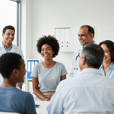 Diverse group of people in a modern clinic setting, smiling, representing health equity, no text, no words, no typography, 8K