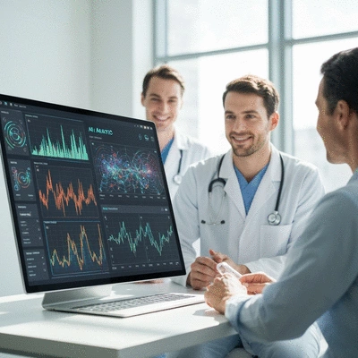 AI healthcare tools displaying data analytics on a screen, with doctors and patients interacting in the background, no text, no words, no typography, clean image