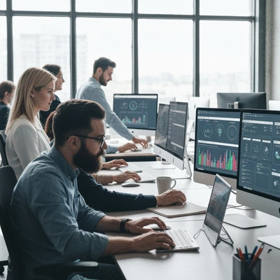 Modern office setting with diverse team collaborating on computers, displaying AI-driven management tools on screens