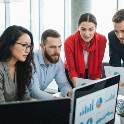 Australian health insurance market trends, with a diverse group of professionals collaborating in a modern office, looking at charts and data on screens