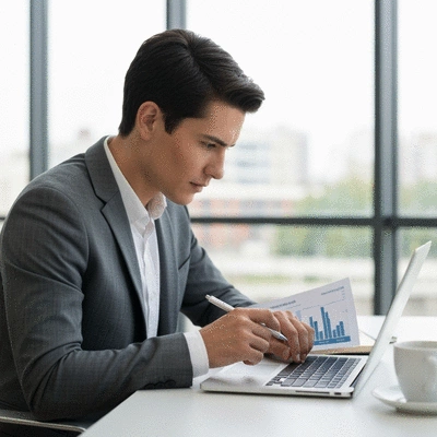 Professional looking at detailed health insurance plan on a laptop, with a cup of coffee and a modern, clean office background, no text, no words, no typography, 8K