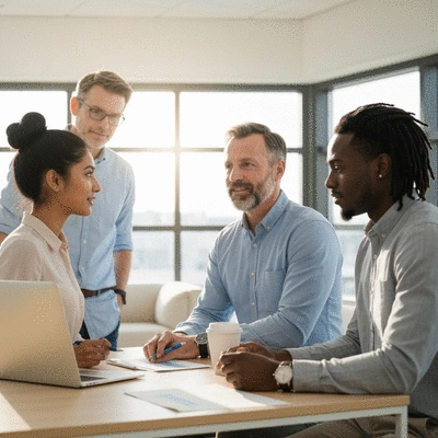 Diverse group of people in a bright, modern office discussing health insurance plans, no text, no words, no typography, 8K