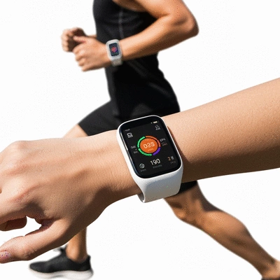 Wearable health device displaying health metrics on a wrist, with a person exercising in the background, no text, no words, no typography, clean image