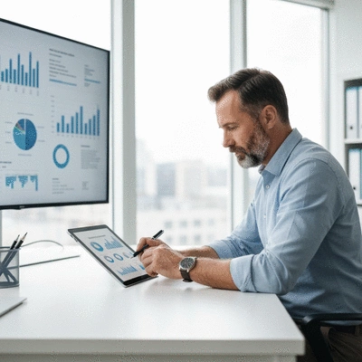 Modern office worker reviewing health insurance policy on a digital tablet with charts and graphs in background, no text, no words, no typography, 8K